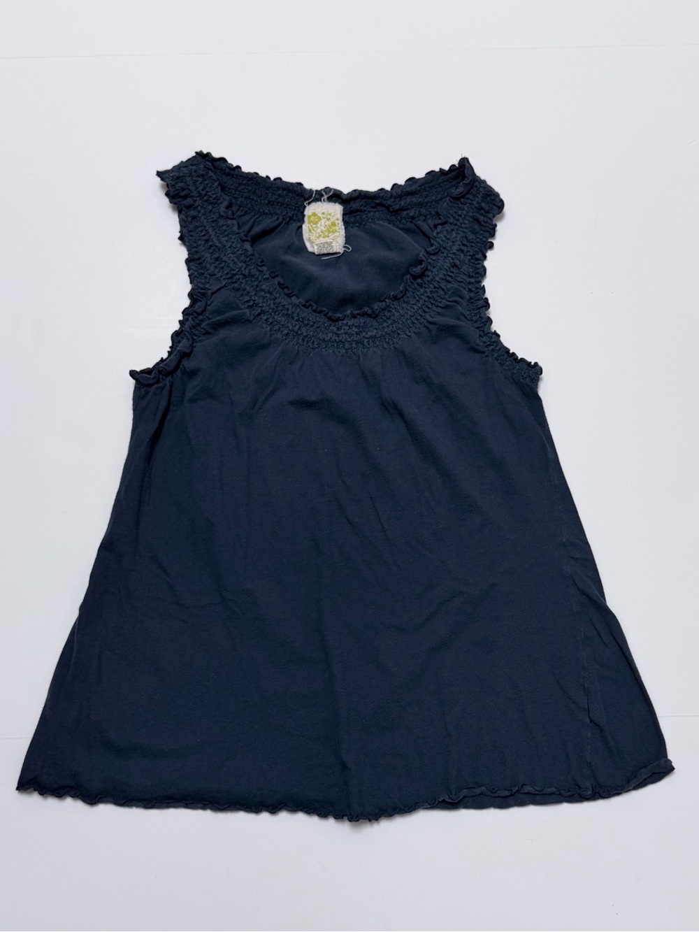 Women's Anthropologie C. Kier Navy tank smocked neckline lettuce hem Flaw